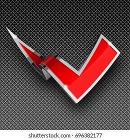 Shiny gloss red element. check mark Against a background of metal mesh vector illustration.