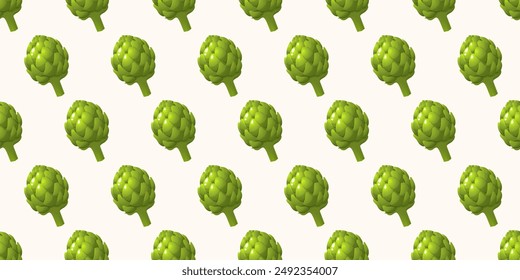 Shiny, glossy artichoke vector pattern. Green vegetable background. Healthy Organic vegetarian food. Realistic fresh French artichoke head. Fall harvest. Thanksgiving day. 3d vector.