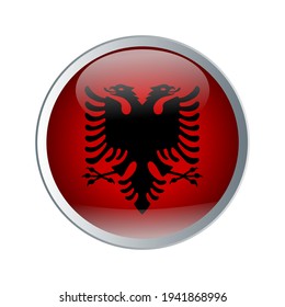 Shiny and glossy button with High detailed flag of Albania. Flat and solid color vector illustration.