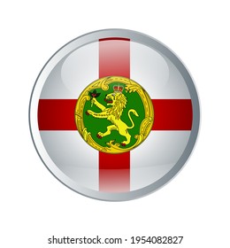 Shiny and glossy button with High detailed flag of Alderney. Round or circle button. Flat and solid color vector illustration.