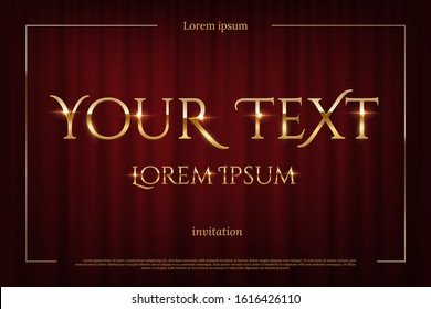 Shiny glossy gold invitation text in frame on red curtains backdrop. Grand opening, talent show, movie film festival or theatre premiere, awards presentation advertisement. Vector illustration