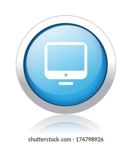 Shiny glossy icon with white design on Blue background, Monitor Button