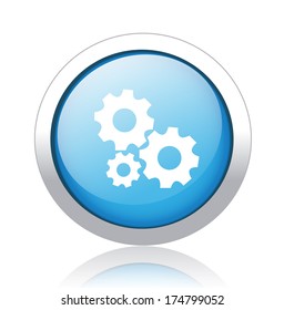 Shiny glossy icon with white design on Blue background, gears button