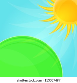 Shiny Glossy Sun and Green Meadow Background. Vector Nature Illustration.