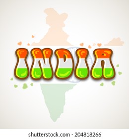 Shiny glossy text India on republic of India map for 15th of August, Indian Independence Day celebrations. 