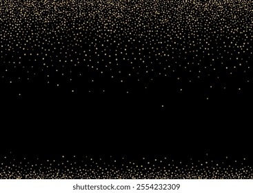 Shiny Glow Abstract Vector Black Background. Modern Dust Pattern. Gold Circle Happy Invitation. Sparkle Isolated Background.