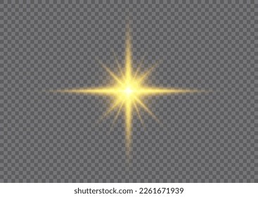 Shiny glow star with stardust, gold lens flare. Magic sun flash with rays. Golden light flare effect with stars, sparkles and glitter. Yellow glowing lights explodes on transparent background, vector