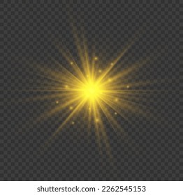 Shiny glow star with stardust, gold lens flare. Yellow glowing lights explodes on transparent background. Golden light flare effect with stars, sparkles and glitter. Magic sun flash with rays, vector