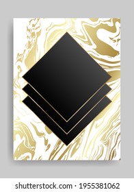 Shiny glowing blank black frame. Golden and white paint marble swirls metal luxury border. Vector background illustration template.
