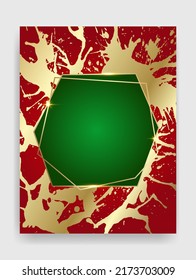Shiny glowing blank Christmas polygonal frame with gold paint splatter. Winter holidays festive golden, red and green background with copy space.