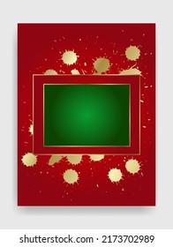 Shiny glowing blank Christmas rectangle frame with gold paint splatter. Winter holidays festive golden, red and green background with copy space.