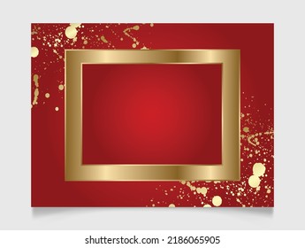 Shiny glowing blank Christmas rectangle frame with gold paint splatter. Winter holidays festive golden and red background with copy space.