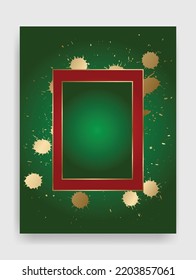 Shiny glowing blank Christmas rectangle frame with gold paint splatter. Winter holidays festive golden, red and green background with copy space.