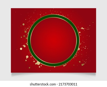 Shiny glowing blank Christmas round frame with gold paint splatter. Winter holidays festive golden, red and green background with copy space.