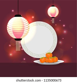 Shiny glowing brown background decorated with hanging Chinese lantern, persimmons fruit with blank stickerfor Chuseko festival celebration.