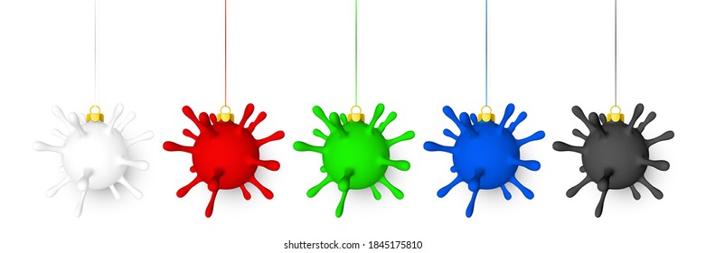 Shiny glowing Christmas ball like as virus unit with red bow. Xmas glass ball. Holiday decoration template. Vector illustration.