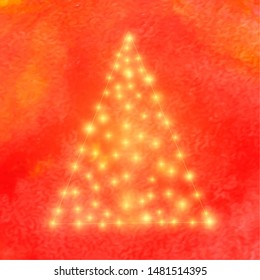 Shiny glowing Christmas tree on red background. Christmas greeting card 