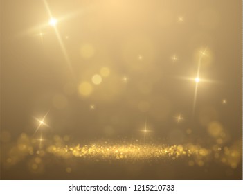 Shiny glowing glittering dust particles spotlight with bokeh circles holiday stage background. Vector eps10.