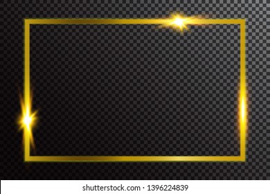 Shiny glowing gold frame on dark transparent background. Golden border with flares and for design. wedding invitation, christmas, card, poster, coupon, ad, web. Horizontal