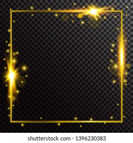 Shiny glowing gold frame on dark transparent background. Golden border with flares and sparks for design. wedding invitation, christmas, card, poster, coupon, ad, web. 