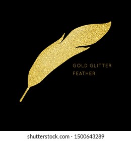 Shiny glowing gold glitter vector feather background. Creative sparkling star dust texture for luxury rich greeting card. Isolated abstract Shape design element.