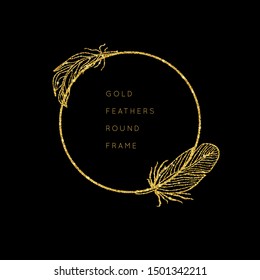Shiny glowing gold glitter vector feather frame. Creative sparkling star dust texture for luxury rich greeting card. Isolated abstract Shape design element.