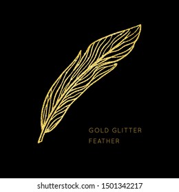 Shiny glowing gold glitter vector feather background. Creative sparkling star dust texture for luxury rich greeting card. Isolated abstract Shape design element.