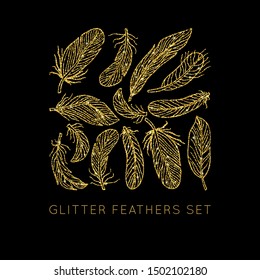 Shiny glowing gold glitter vector feathers set. Creative sparkling star dust texture for luxury rich greeting card. Isolated abstract Shape design element.