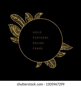Shiny glowing gold glitter vector feather frame. Creative sparkling star dust texture for luxury rich greeting card. Isolated abstract Shape design element.