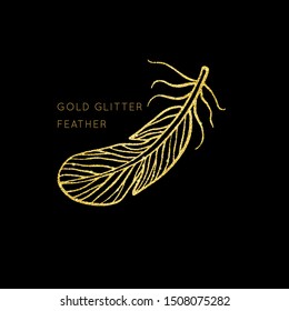 Shiny glowing gold glitter vector feather background. Creative sparkling star dust texture for luxury rich greeting card. Isolated abstract Shape design element.