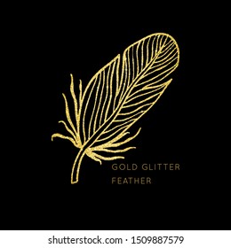 Shiny glowing gold glitter vector feather background. Creative sparkling star dust texture for luxury rich greeting card. Isolated abstract Shape design element.