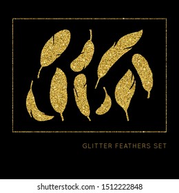 Shiny glowing gold glitter vector feathers set. Creative sparkling star dust texture for luxury rich greeting card. Isolated abstract Shape design element.