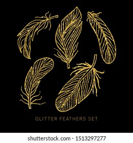 Shiny glowing gold glitter vector feathers set. Creative sparkling star dust texture for luxury rich greeting card. Isolated abstract Shape design element.