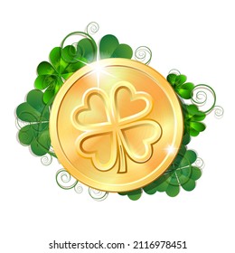 Shiny glowing gold money coin and bright green clover leaves. Saint Patricks Day coin. Magic Irish currency symbol bringing wealth, fortune, prosperity, luck. Vector illustration isolated on white