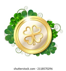 Shiny glowing gold money coin and bright green clover leaves. Saint Patricks Day coin. Magic Irish currency symbol bringing wealth, fortune, prosperity, luck. Vector illustration isolated on white