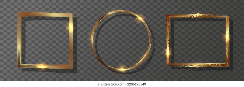 Shiny glowing golden frames. Decorative geometric metal frames made of gold. Transparent background. Vector illustration.