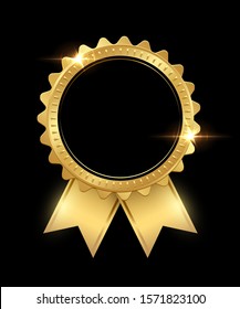 Shiny glowing golden seal with blank black copy space isolated on black backdrop. Mockup realistic design. Award gold medal, champion achievement, sale rosette element. Vector 3d illustration