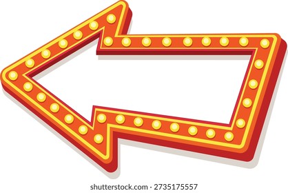 Shiny glowing left arrow. Retro light box, vintage casino, cinema, theather frame illustration