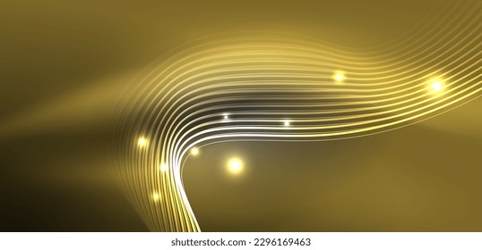 Shiny glowing neon wave. Neon light or laser show, electric impulse, power lines, techno quantum energy impulse, magic glowing dynamic lines