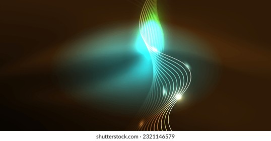 Shiny glowing neon wave. Neon light or laser show, electric impulse, power lines, techno quantum energy impulse, magic glowing dynamic lines