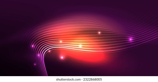 Shiny glowing neon wave. Neon light or laser show, electric impulse, power lines, techno quantum energy impulse, magic glowing dynamic lines