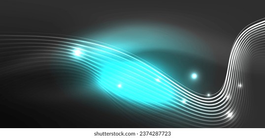 Brillante ola de neón brillante. Muestra de luz de neón o láser, impulso eléctrico, líneas de alimentación, impulso de energía cuántica tecno, líneas dinámicas mágicas brillantes