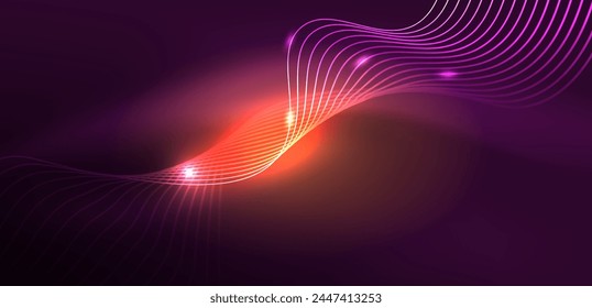 Shiny glowing neon wave. Neon light or laser show, electric impulse, power lines, techno quantum energy impulse, magic glowing dynamic lines
