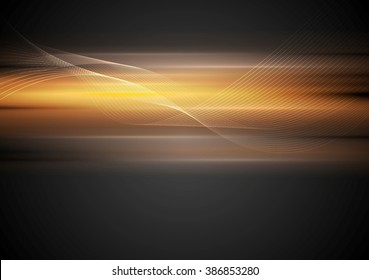 Shiny glowing orange waves on dark background. Vector design