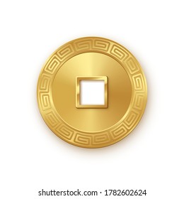 Shiny glowing realistic vector golden money coin china isolated on white background pattern. Magic gold oriental currency symbol object bringing wealth, fortune, prosperity, luck and treasure