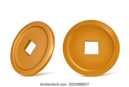Shiny glowing realistic vector golden money coin china isolated on white background