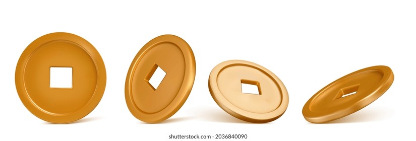 Shiny glowing realistic vector golden money coin china isolated on white background