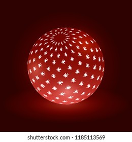 Shiny glowing red 3d ball with snowflakes pattern on deep red background. Abstract globe icon. Vector illustration