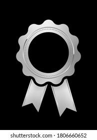 Shiny glowing round silver seal with ribbon and empty space inside for text. Object isolated on black background. Realistic vector rewarding element. Award for best quality. Success victory symbol