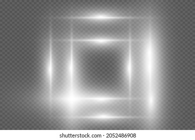 shiny glowing vintage frame with shadows isolated on transparent background. Golden luxury realistic rectangle border.